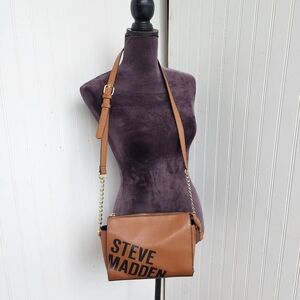 Steve Madden Women's Congac Tan Crossbody Bag Spell Out Gold Chain